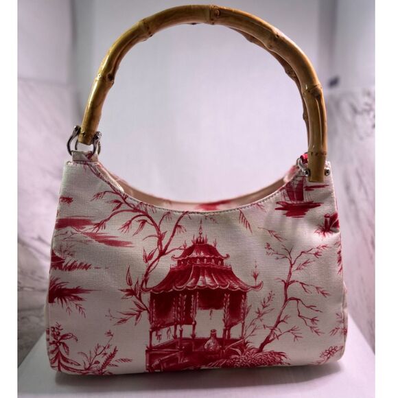 Talbots Red Toile Bamboo Handle Bag | Chinoiserie Pagoda Print | Top Handle - Picture 2 of 8